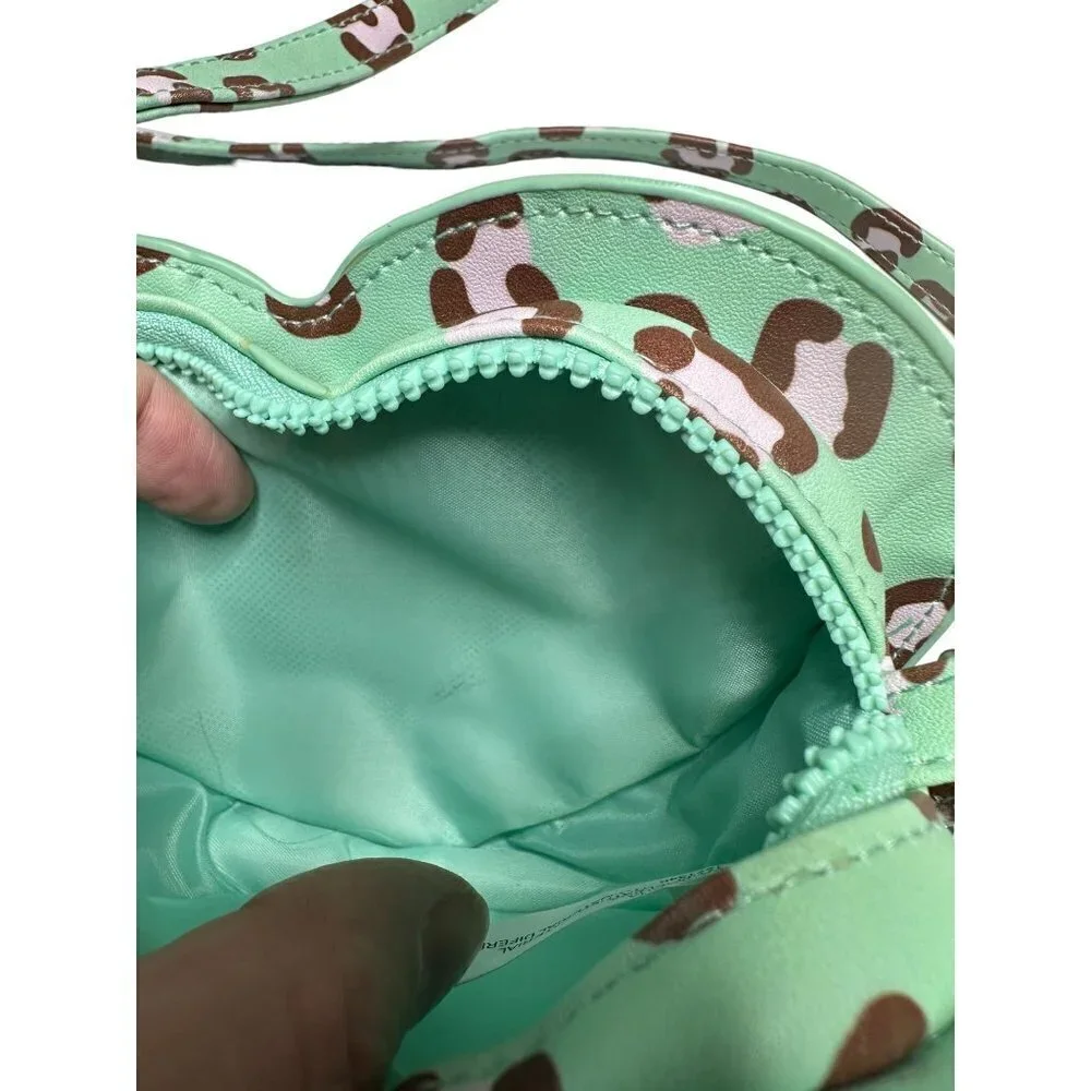 Mint green pink & brown leopard print‎ heart crossbody purse